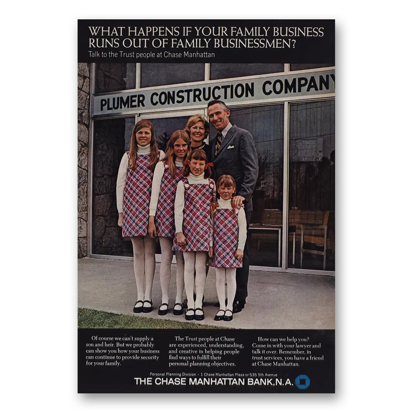 1969 Chase Manhattan Bank Plumer Construction Family Business Vintage Magazine Print Ad