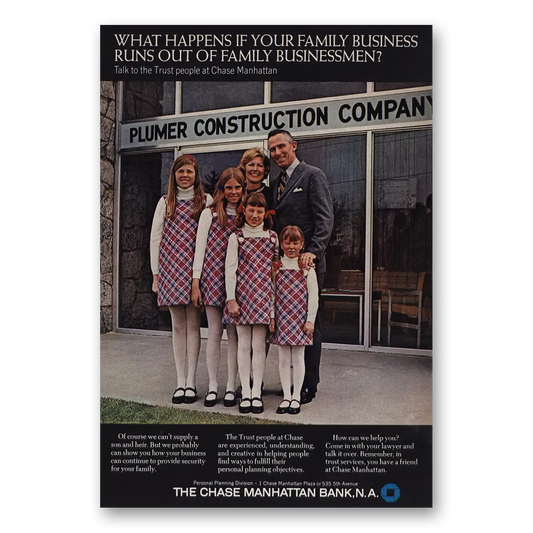 1969 Chase Manhattan Bank Plumer Construction Family Business Vintage Magazine Print Ad