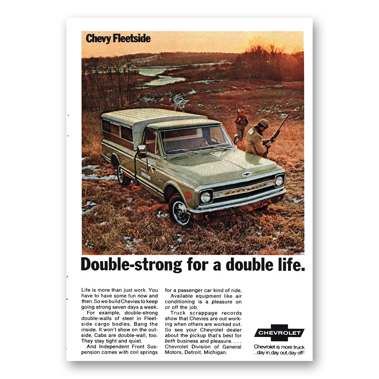 1969 Chevrolet Fleetside Double Strong for a Double Life Vintage Magazine Print Ad