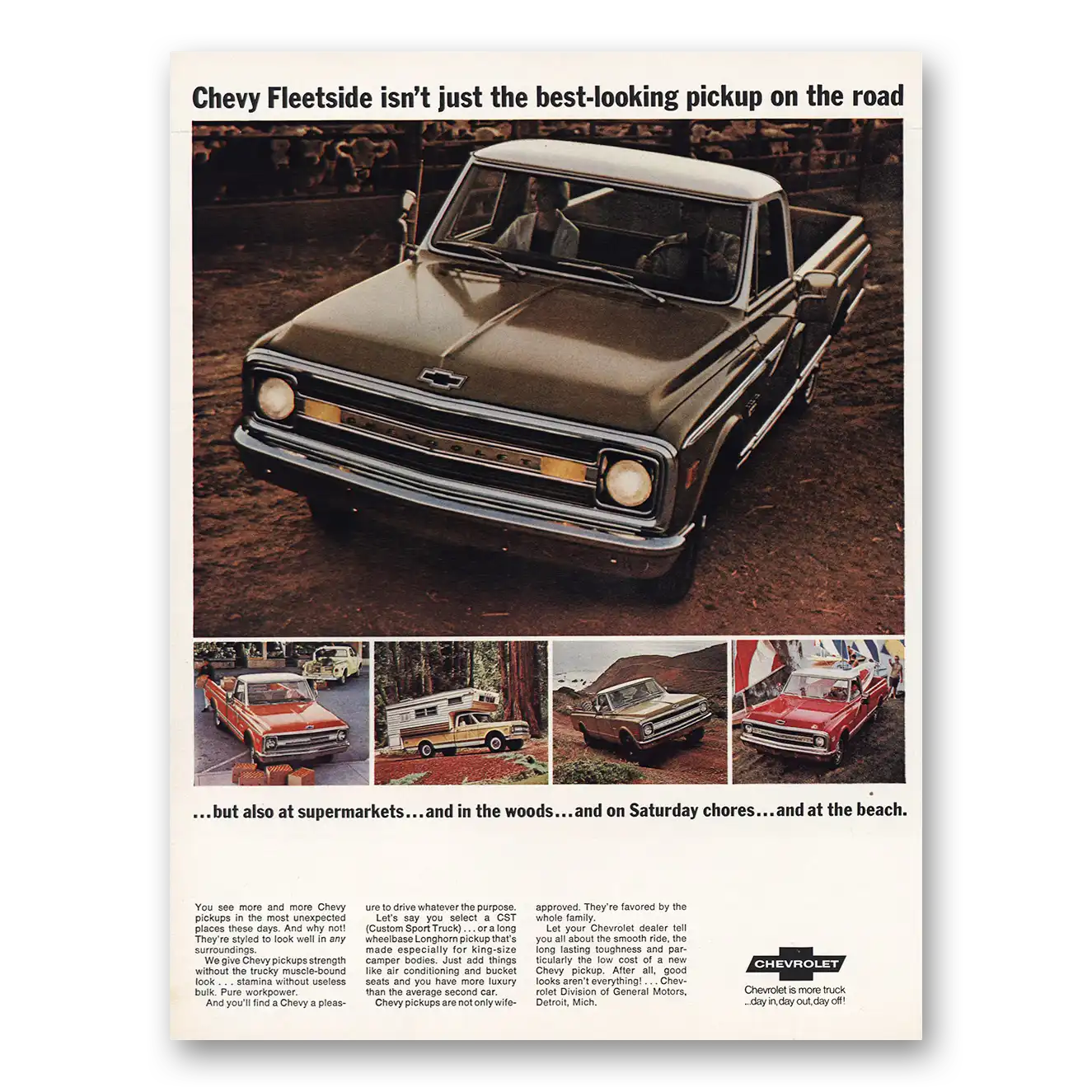 1969 Chevrolet Fleetside Best Looking Pickup On the Road Vintage Magazine Print Ad