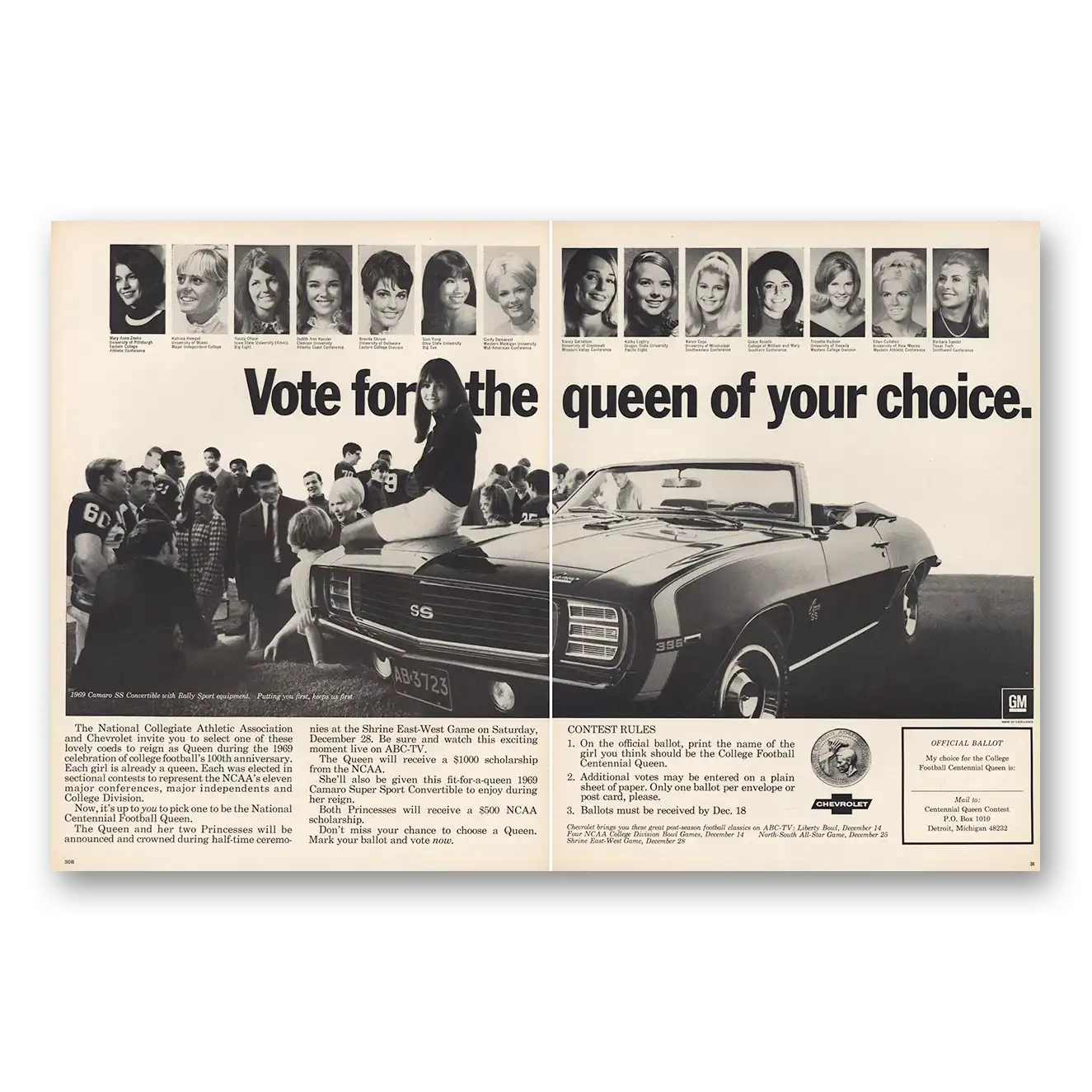 1969 Chevrolet Camaro SS Convertible Vote for the Queen Vintage Magazine Print Ad