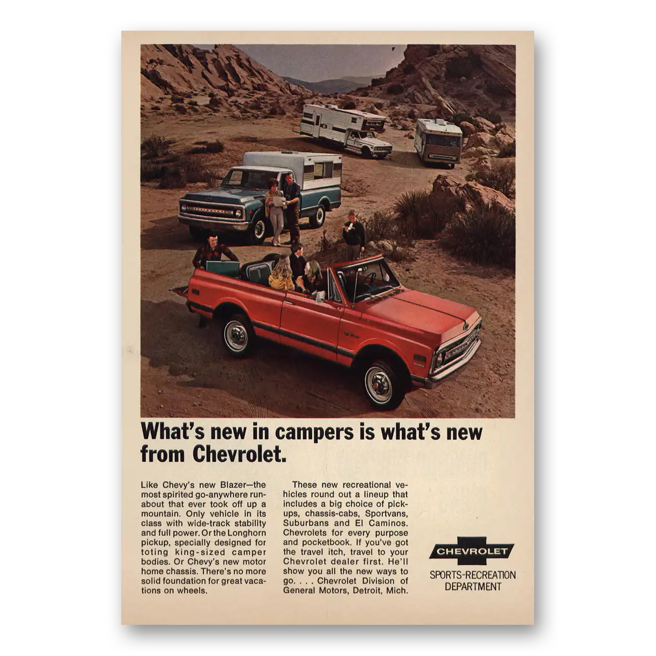 1969 Chevrolet Blazer New In Campers Vintage Magazine Print Ad