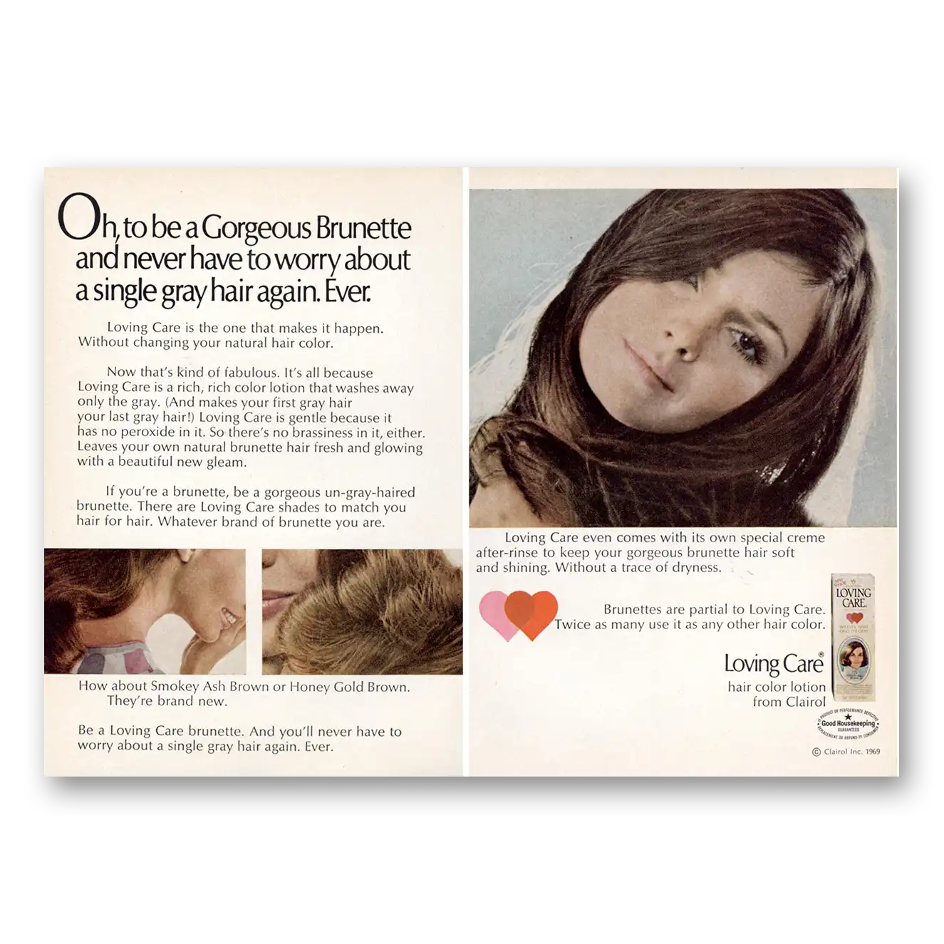 1969 Clairol Loving Care Oh To Be a Gorgeous Brunette Vintage Magazine Print Ad