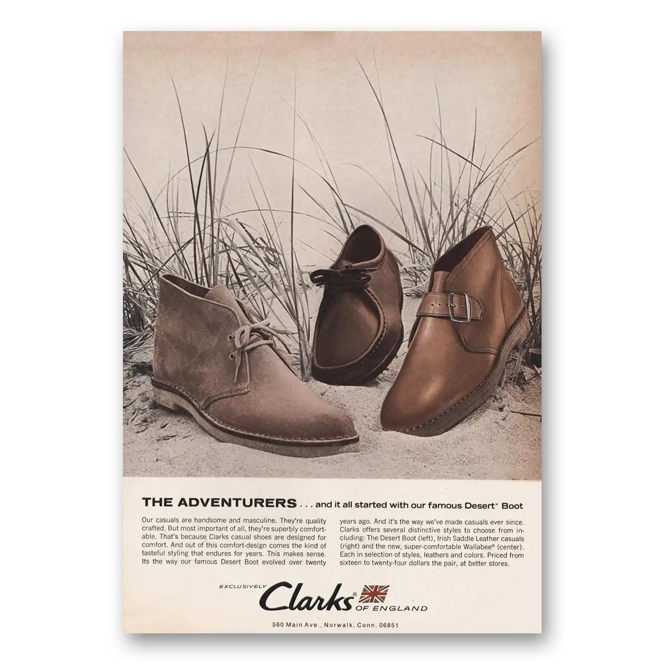 1969 Clarks Shoes Adventurers Famous Desert Boot Vintage Magazine Print Ad