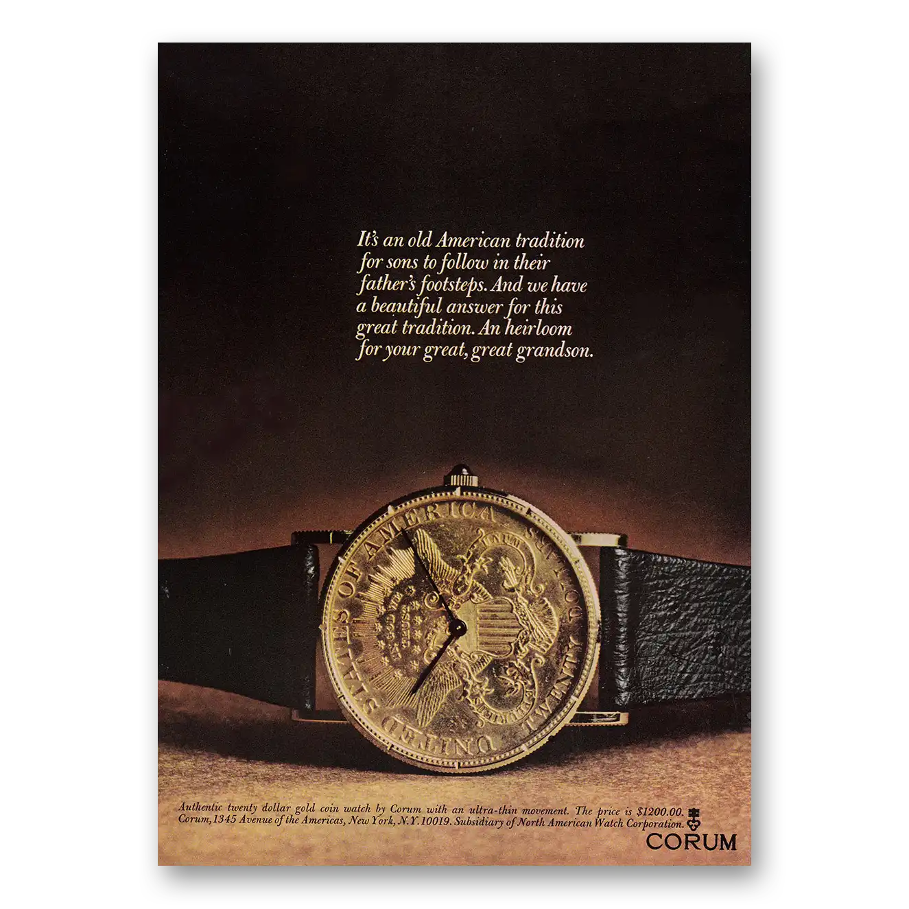 1969 Corum Watch Old American Tradition for Sons to Follow Vintage Magazine Print Ad