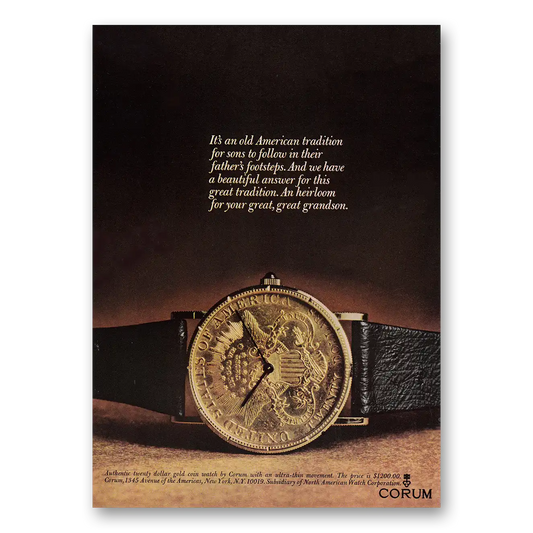 1969 Corum Watch Old American Tradition for Sons to Follow Vintage Magazine Print Ad