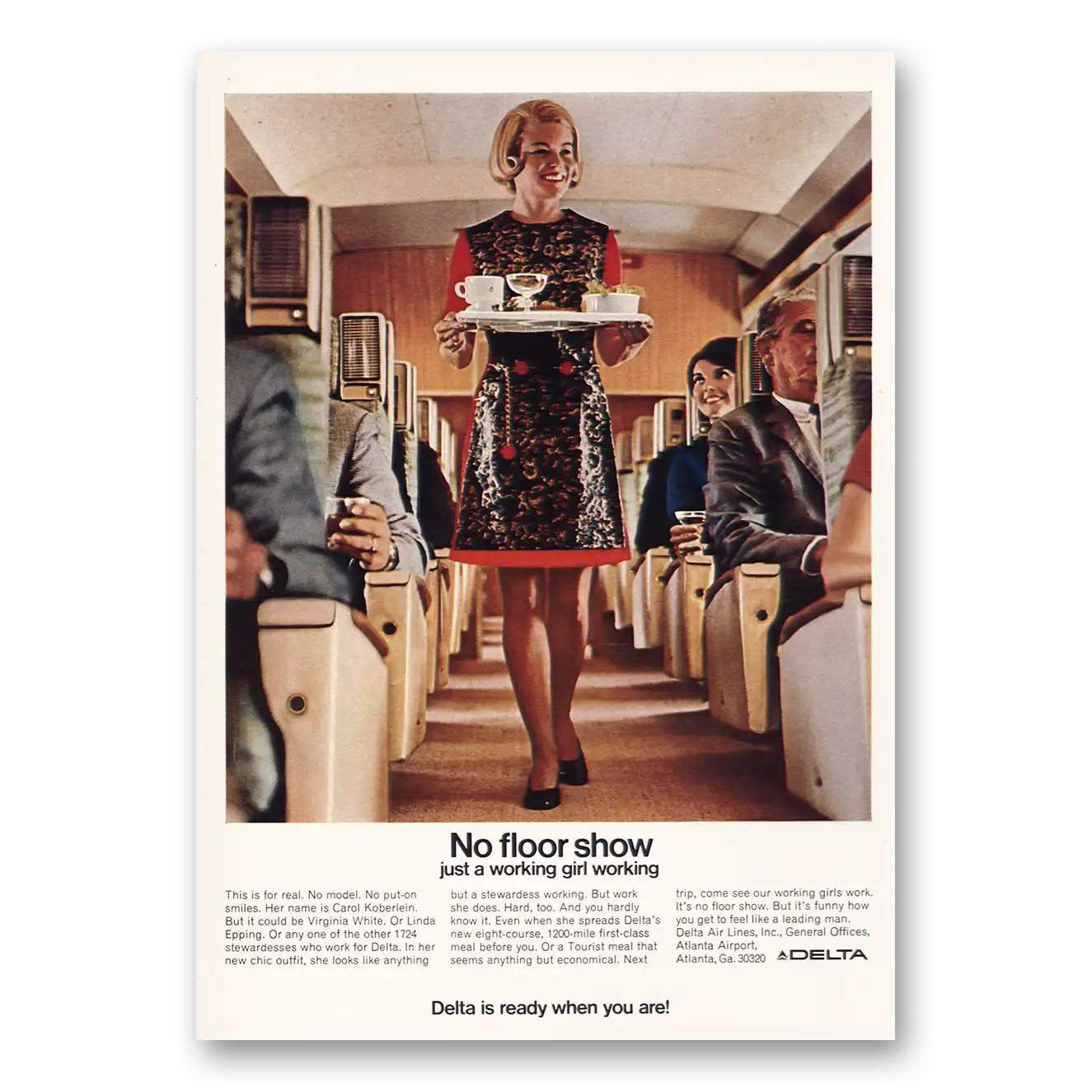 1969 Delta Air Lines No Floor Show Just a Working Girl Vintage Magazine Print Ad