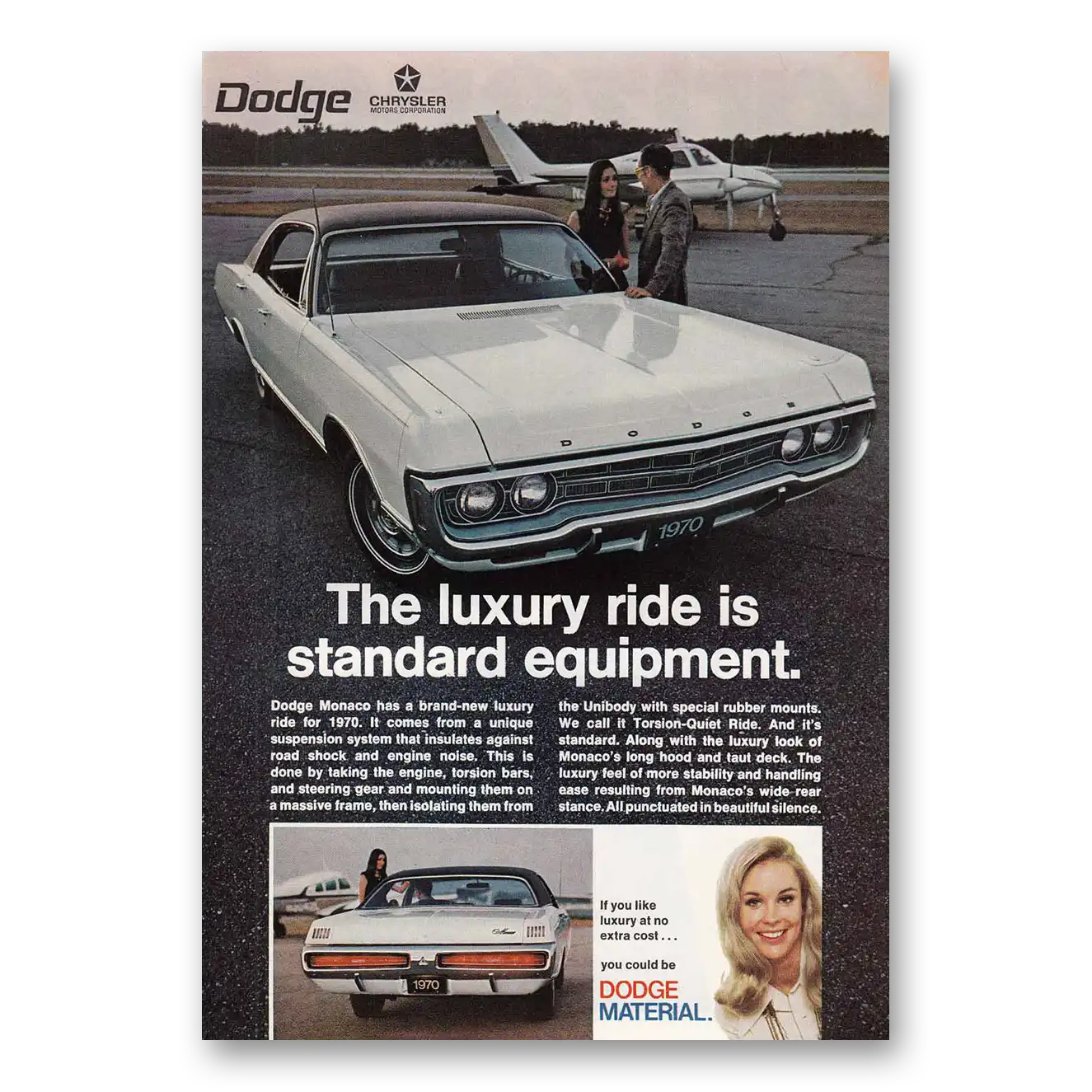 1970 Dodge Monaco Luxury Ride is Standard Equipment Plane Vintage Magazine Print Ad