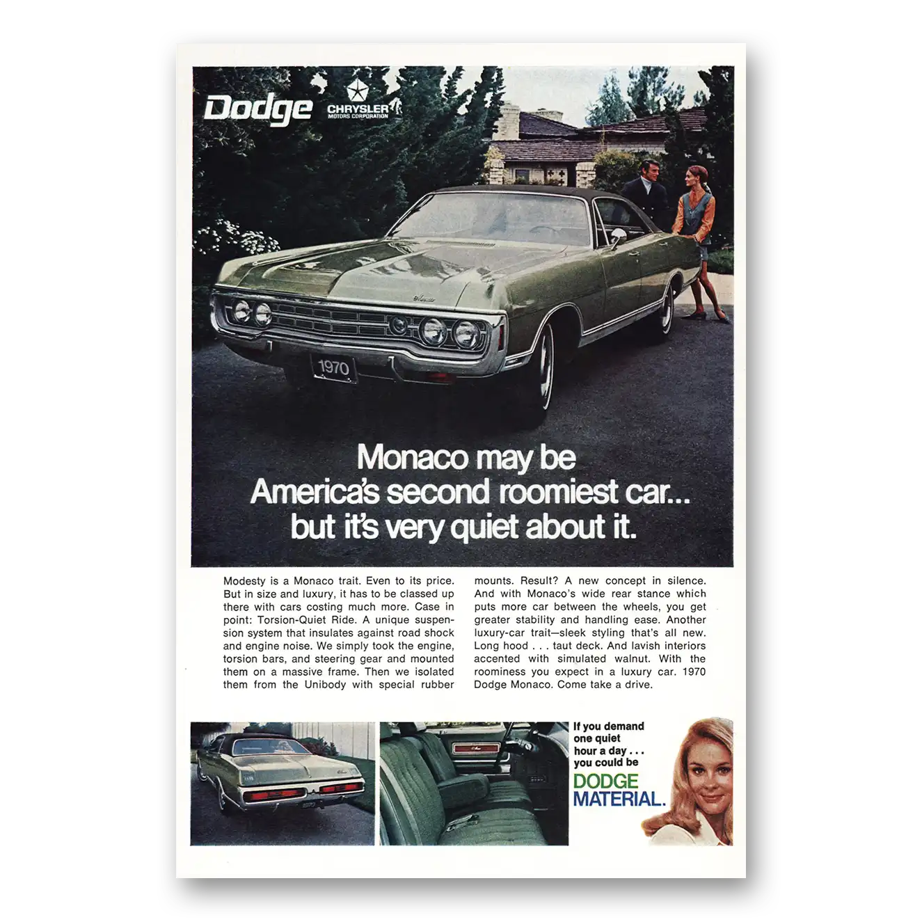 1969 Dodge Monaco Second Roomiest Car Vintage Magazine Print Ad