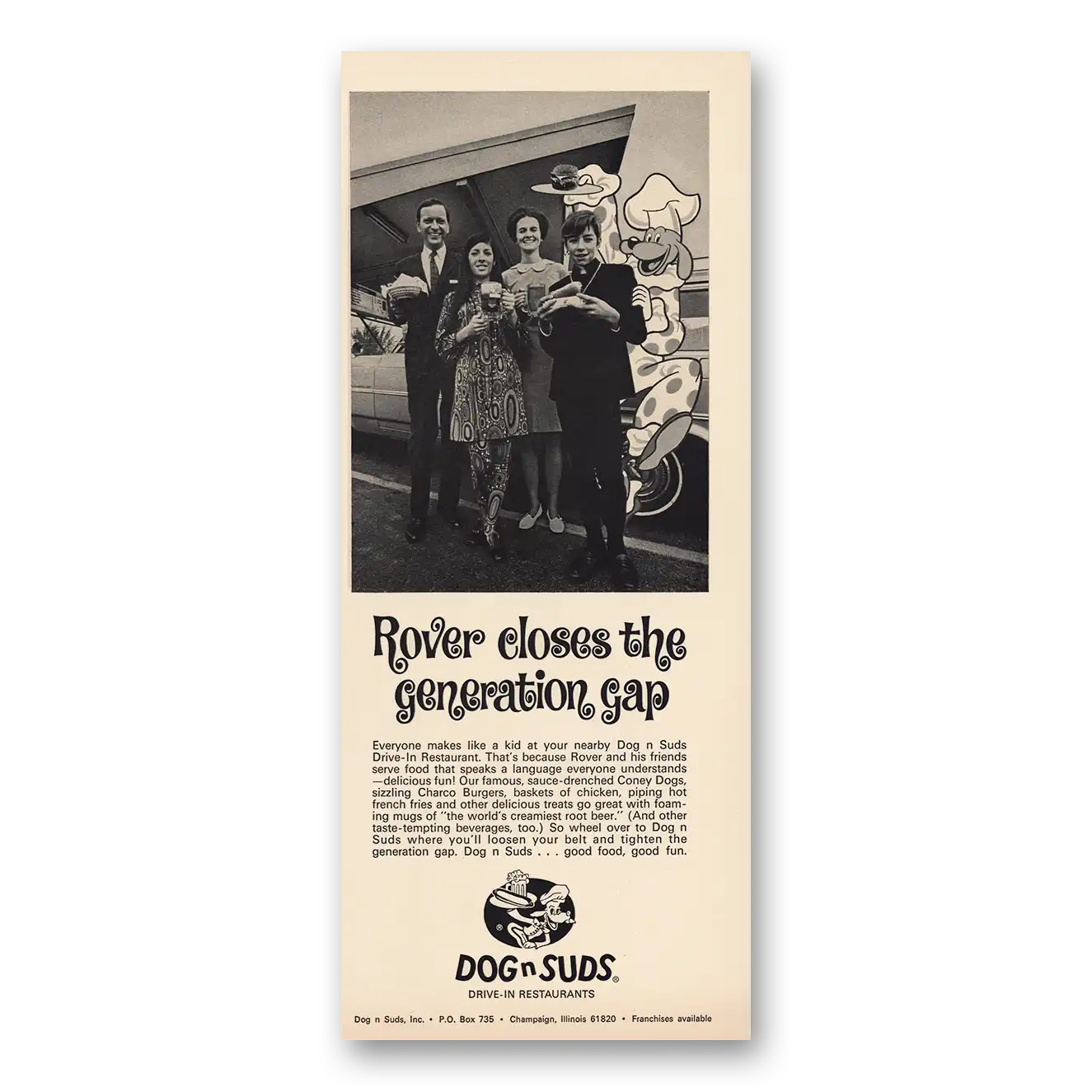 1969 Dog n Suds Rover Closes the Generation Gap Vintage Magazine Print Ad