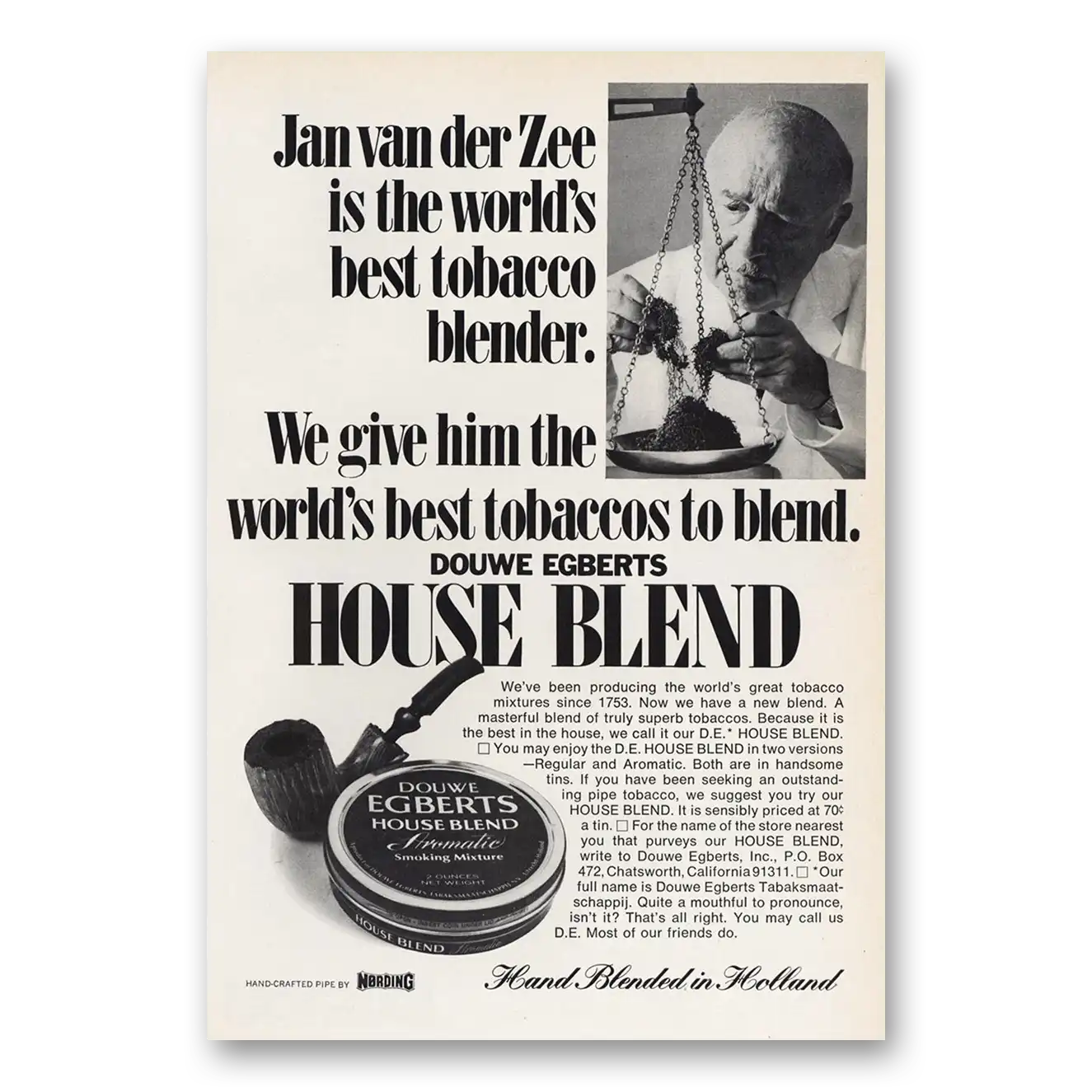 1969 Douwe Egberts House Blend Jan van der Zee Tobacco Blender Vintage Magazine Print Ad