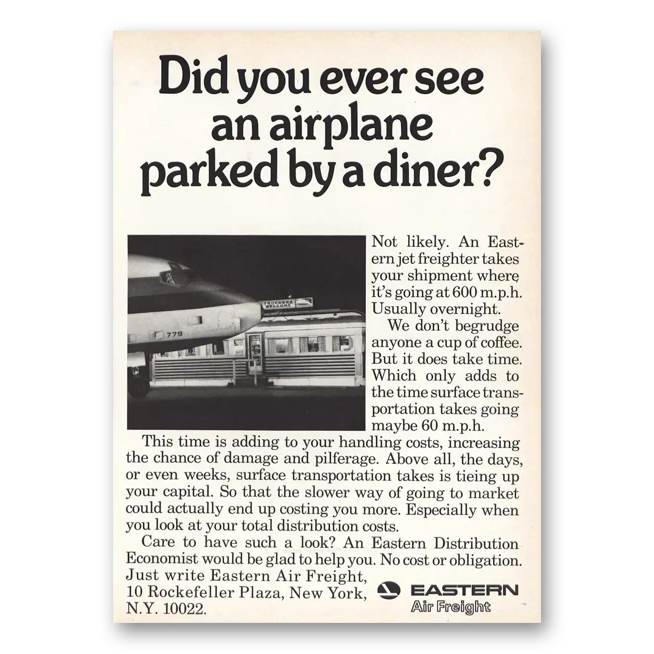 1969 Eastern Airlines Air Freight Airplane Parked By Diner Vintage Magazine Print Ad