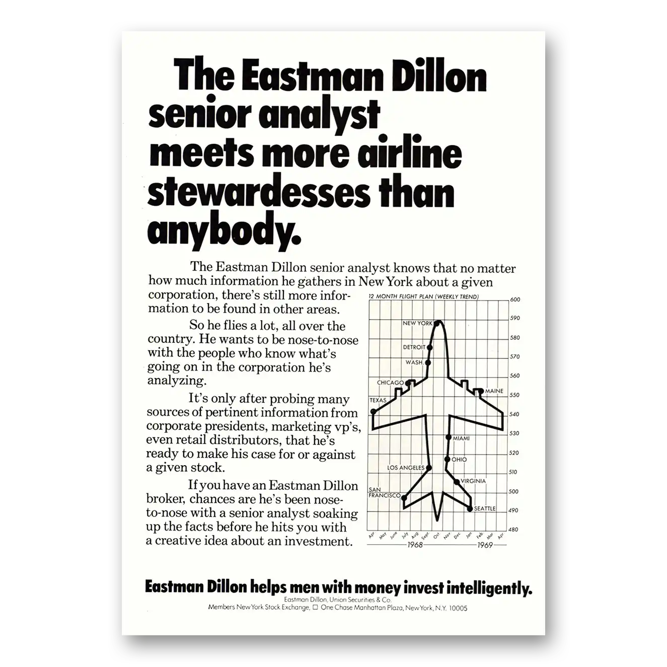 1969 Eastman Dillon Meets More Airline Stewardesses Vintage Magazine Print Ad