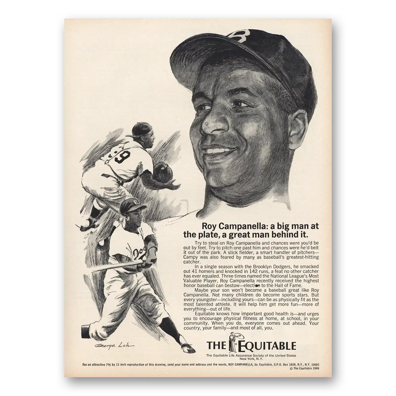 1969 Equitable Life Assurance Roy Campanella Vintage Magazine Print Ad