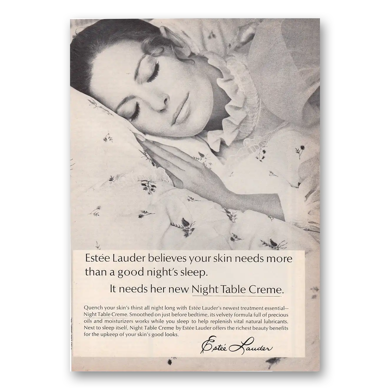 1969 Estee Lauder Believes Your Skin Needs More Than a Good Nights Sleep Vintage Magazine Print Ad