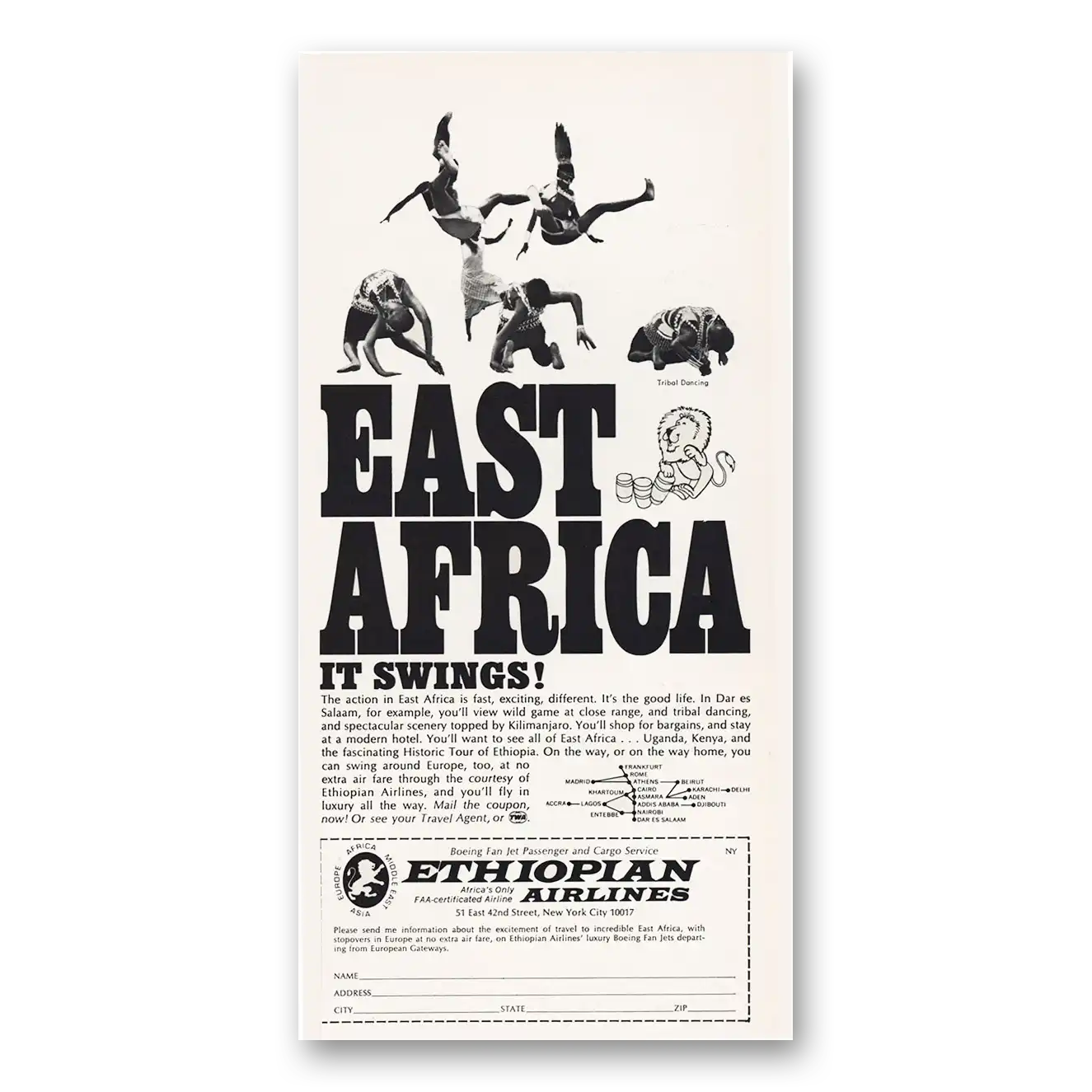 1969 Ethiopian Airlines East Africa It Swings Vintage Magazine Print Ad