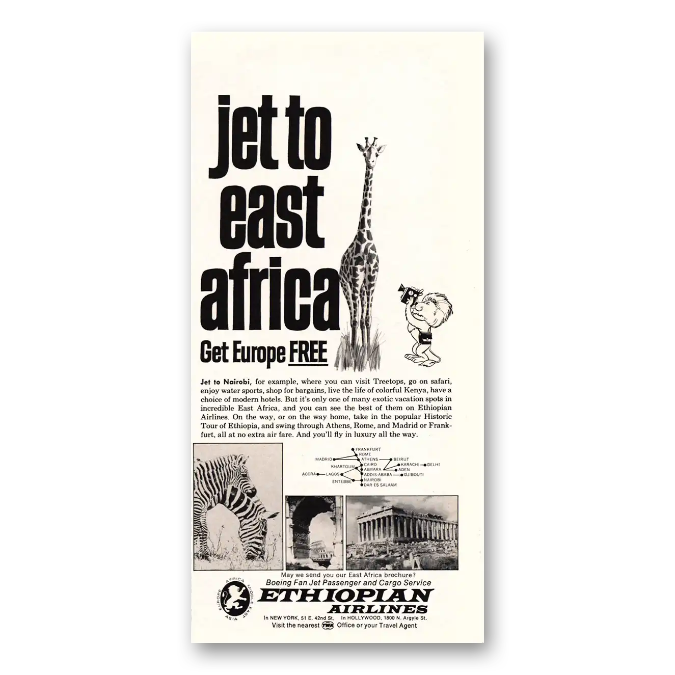 1969 Ethiopian Airlines Jet to East Africa Vintage Magazine Print Ad