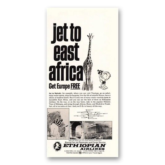 1969 Ethiopian Airlines Jet to East Africa Vintage Magazine Print Ad