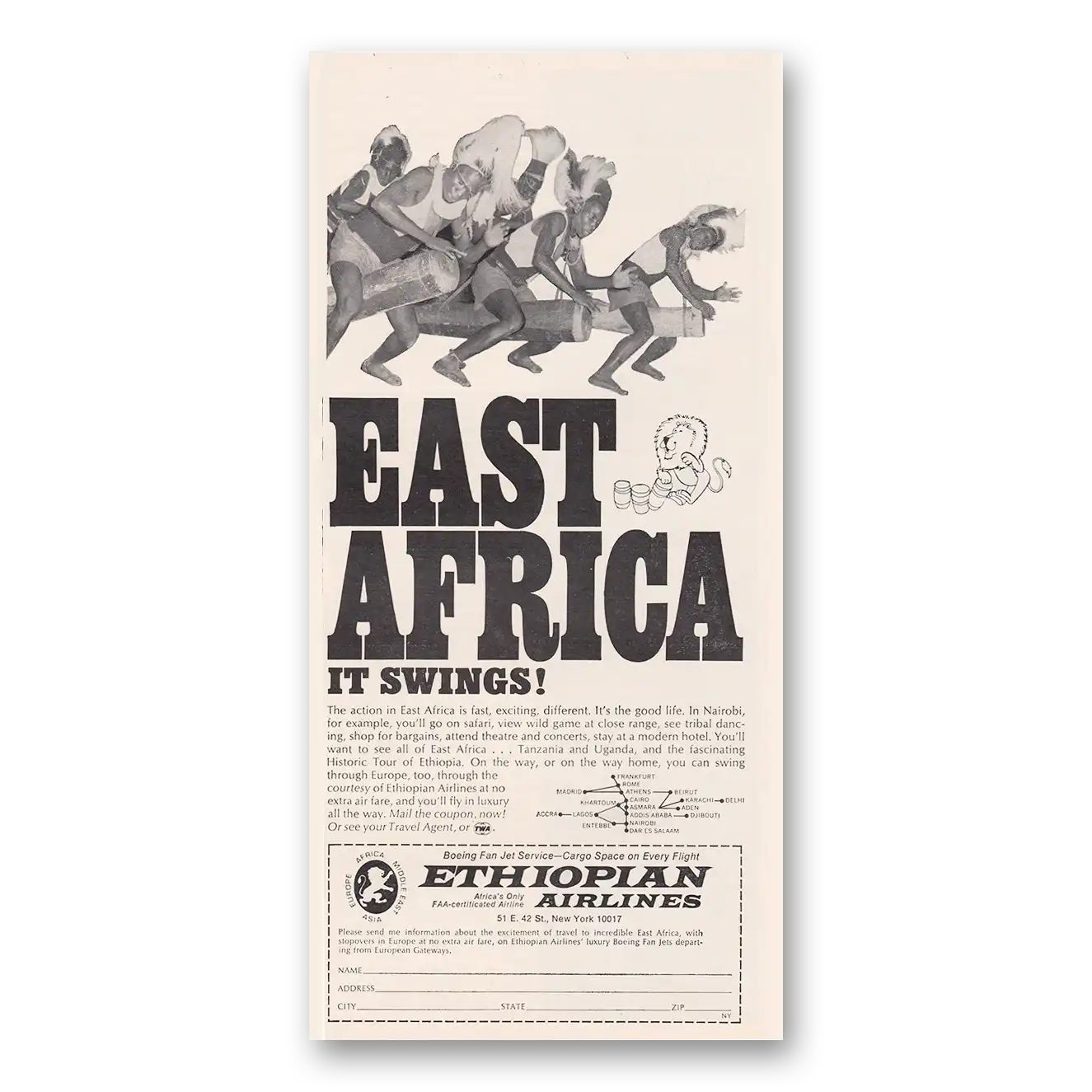 1969 Ethiopian Airlines East Africa It Swings Vintage Magazine Print Ad