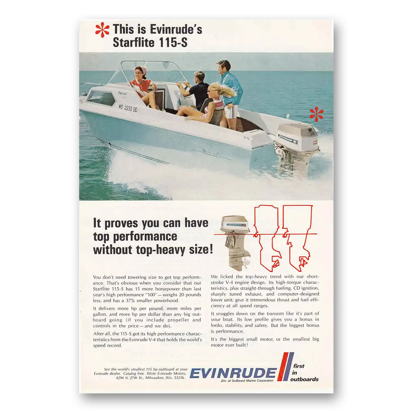 1969 Evinrude Starflite Performance Without Top Heavy Size Vintage Magazine Print Ad