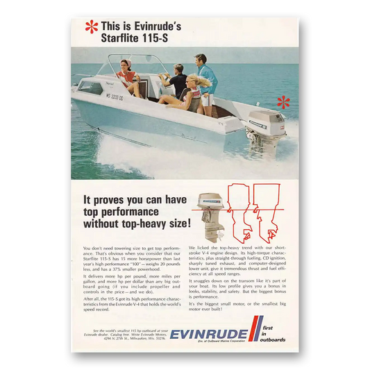 1969 Evinrude Starflite Performance Without Top Heavy Size Vintage Magazine Print Ad