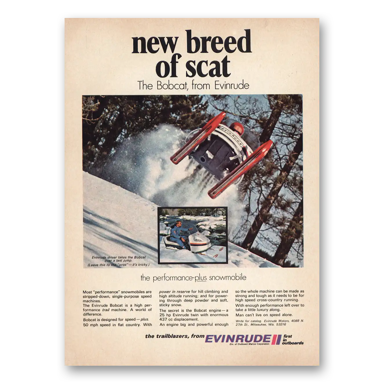 1969 Evinrude Snowmobile New Breed Scat Bobcat Vintage Magazine Print Ad