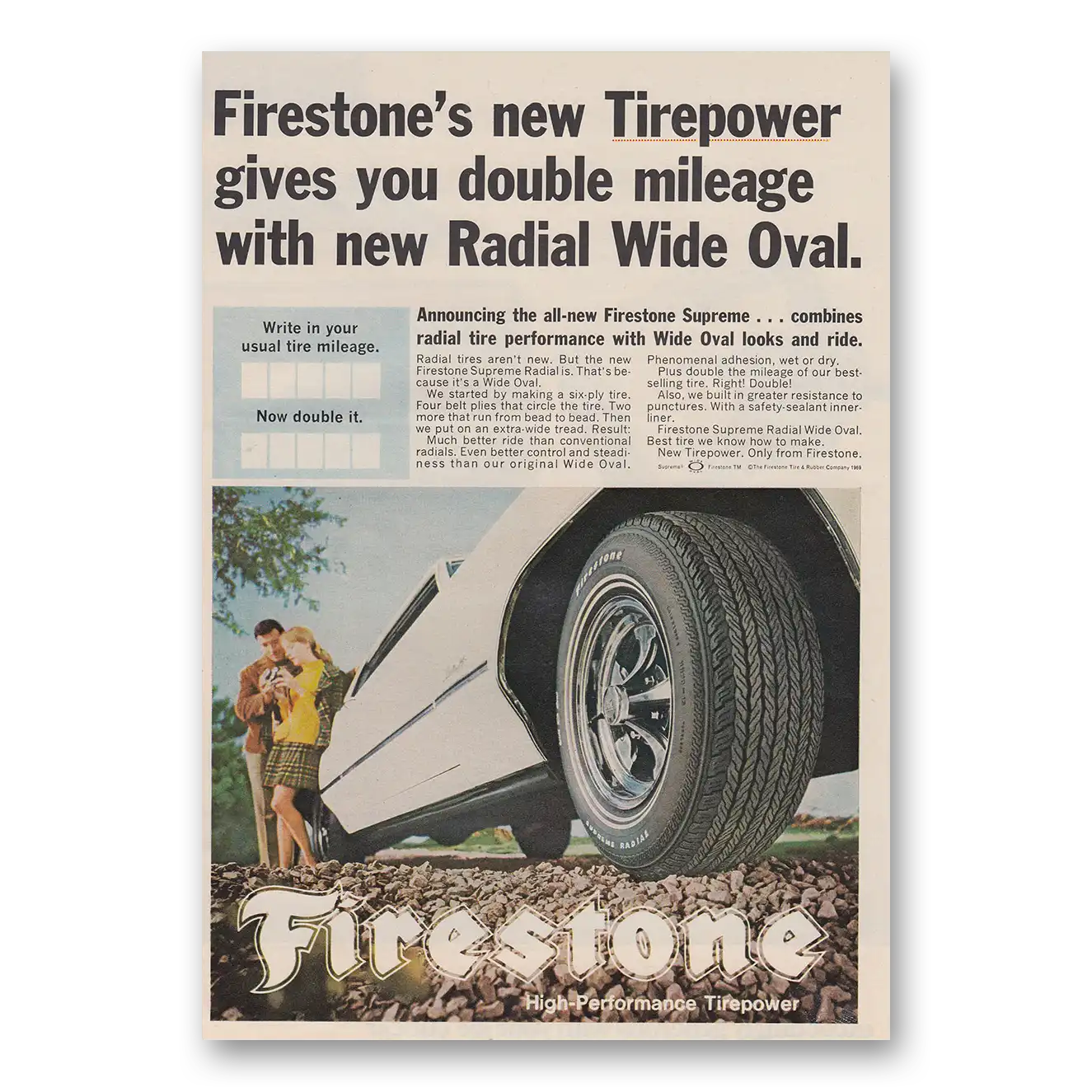 1969 Firestone Tires Radial Wide Oval Double Mileage Vintage Magazine Print Ad