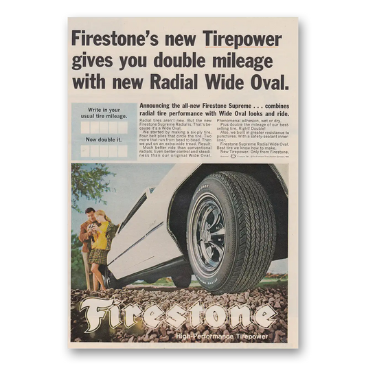 1969 Firestone Tires Radial Wide Oval Double Mileage Vintage Magazine Print Ad