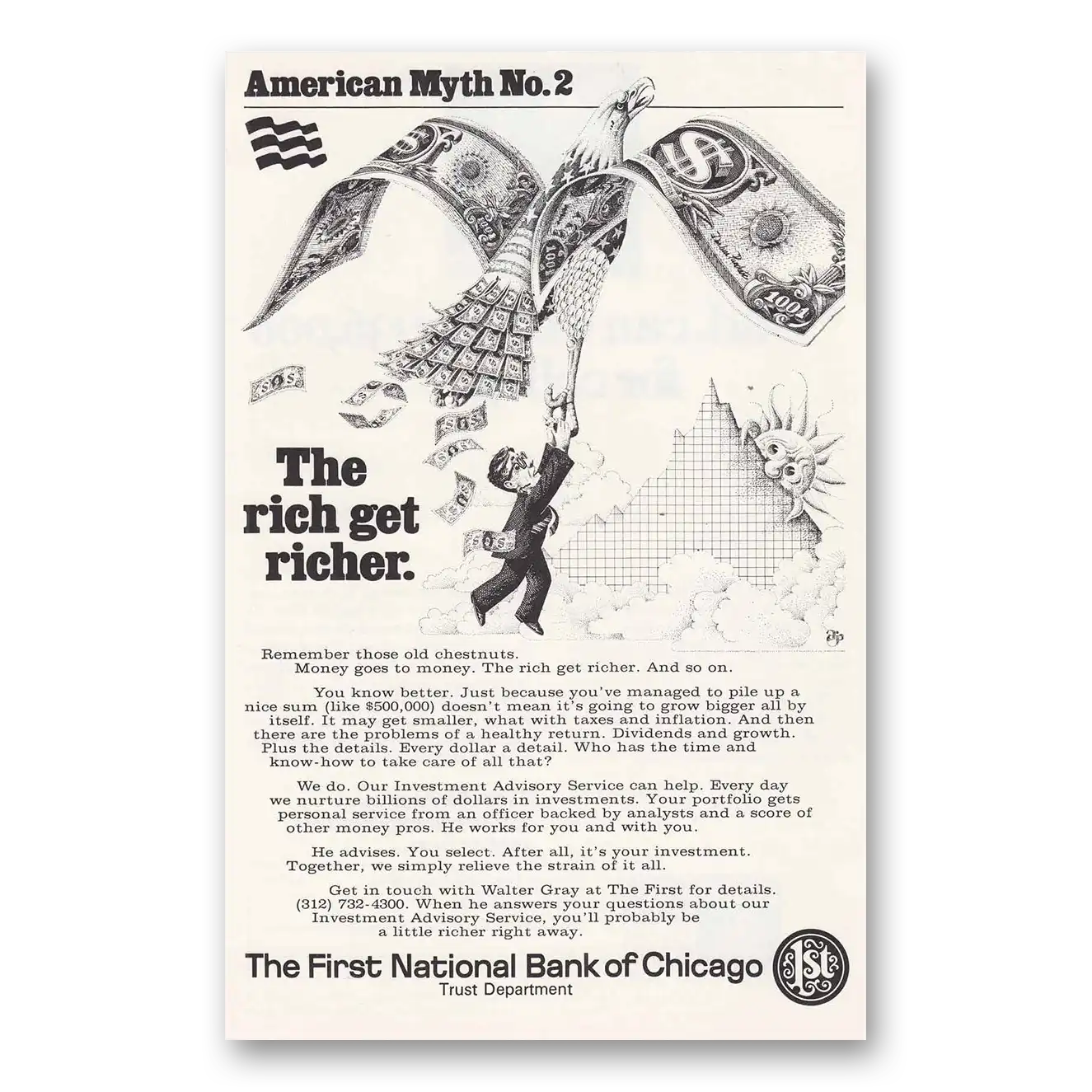 1969 First National Bank of Chicago Rich Get Richer Vintage Magazine Print Ad