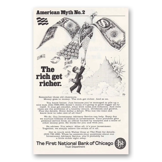 1969 First National Bank of Chicago Rich Get Richer Vintage Magazine Print Ad