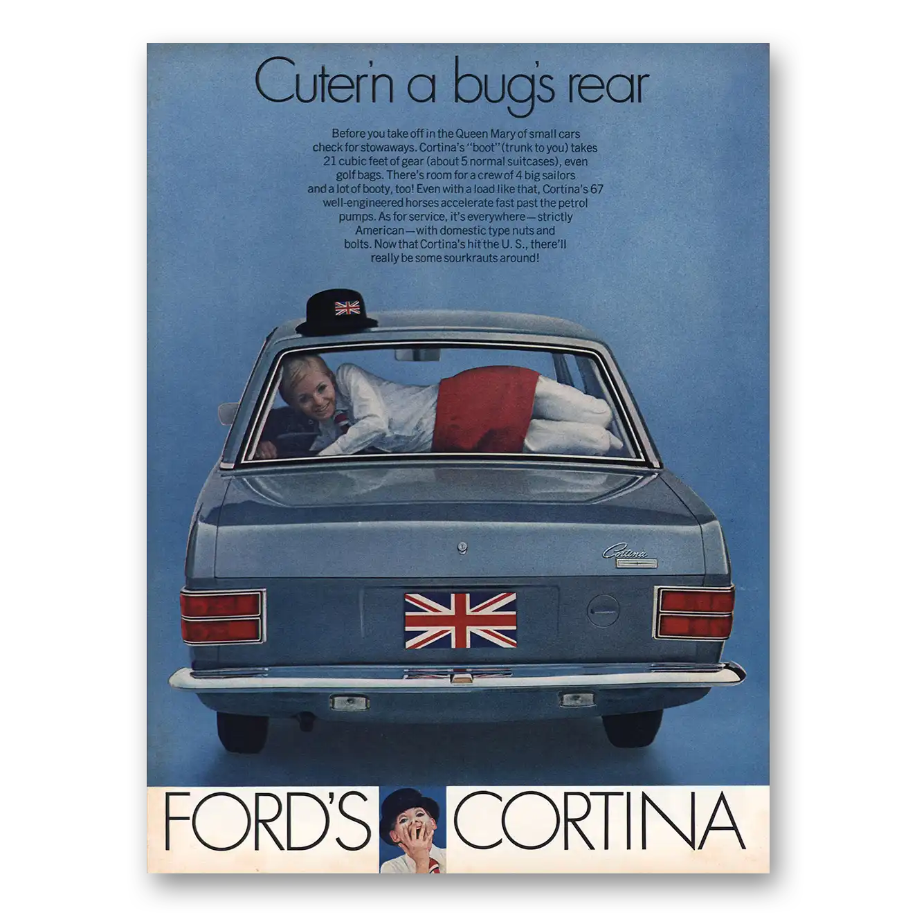 1969 Ford Cortina Cuter'n a Bugs Rear Vintage Magazine Print Ad