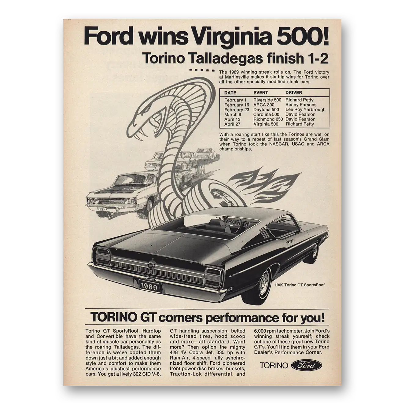 1969 Ford Torino Wins Virginia 500 Vintage Magazine Print Ad