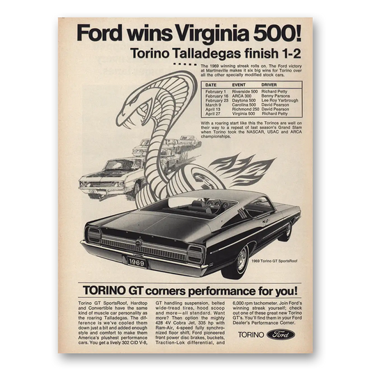 1969 Ford Torino Wins Virginia 500 Vintage Magazine Print Ad