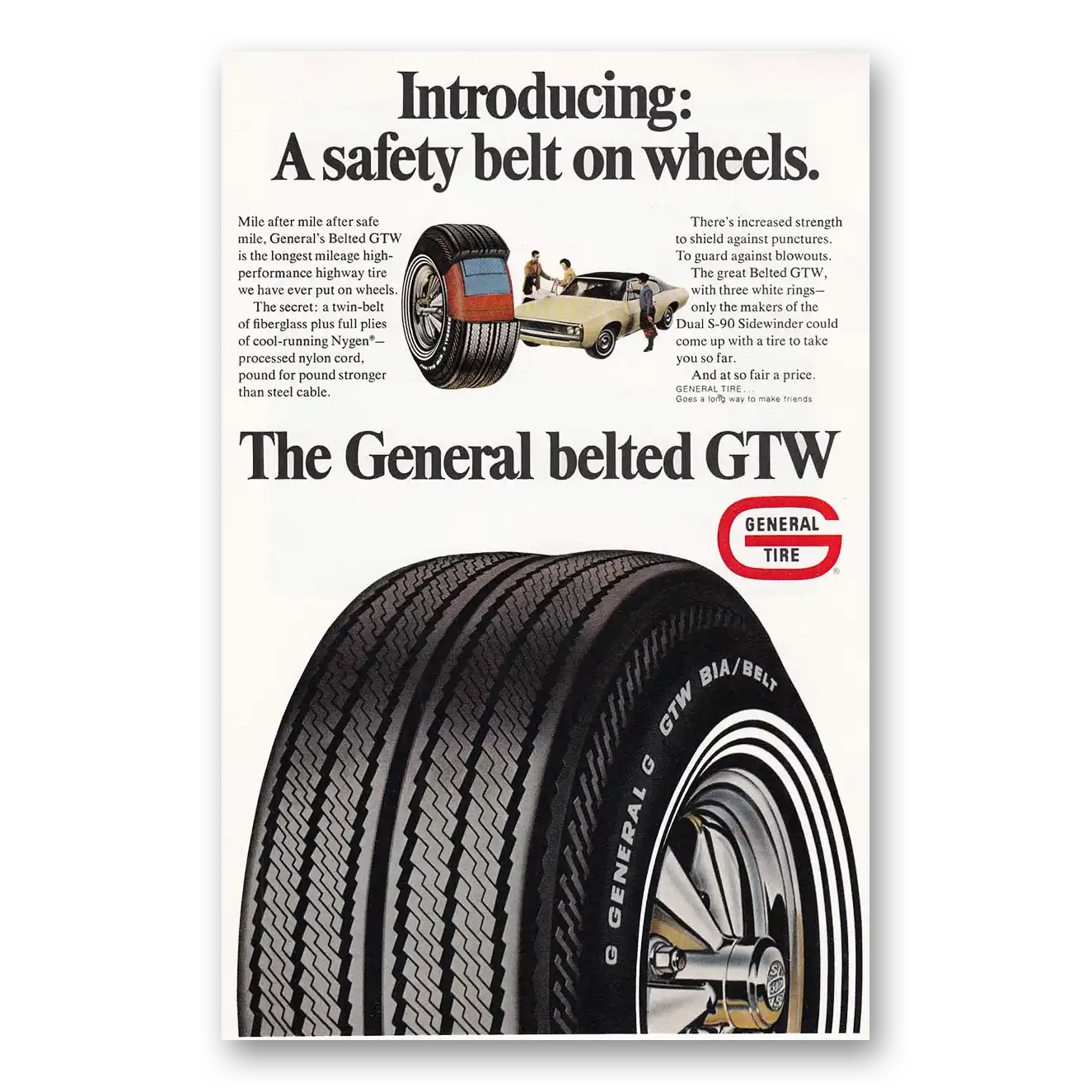 1969 General Tire Safety Belt on Wheels Vintage Magazine Print Ad