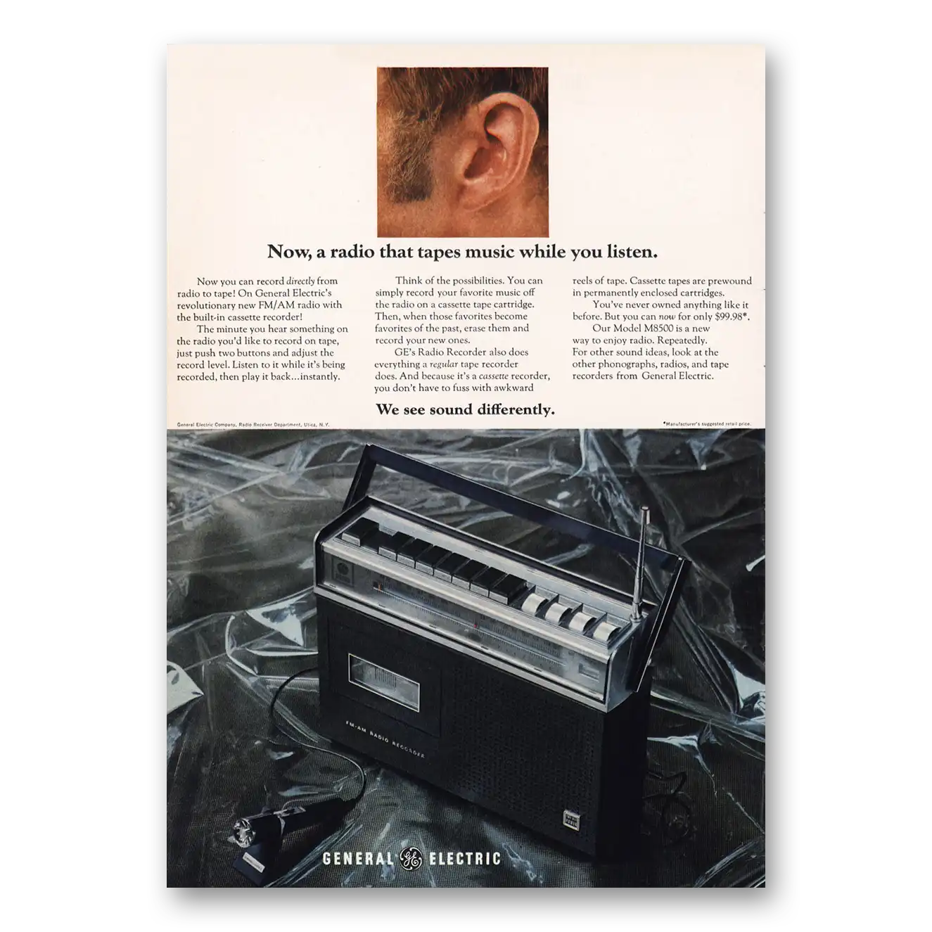 1969 General Electric Radio That Tapes Music While You Listen Vintage Magazine Print Ad