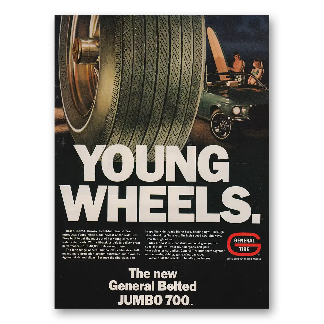 1969 General Tire Belted Jumbo 700 Young Wheels Vintage Magazine Print Ad