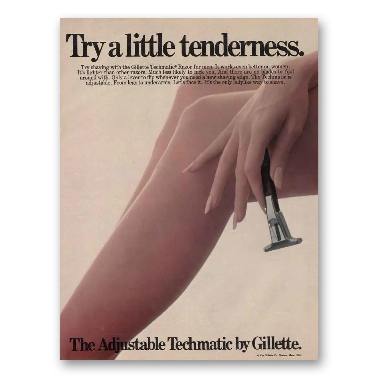 1969 Gillette Techmatic Razor Little Tenderness Vintage Magazine Print Ad