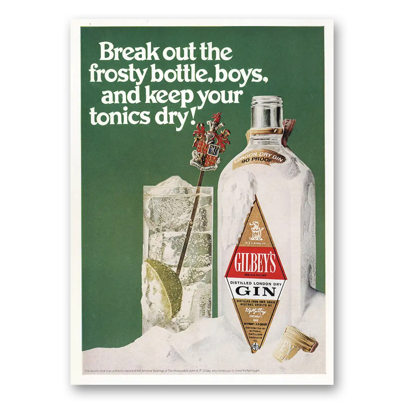 1969 Gilbeys Gin Break Out the Frosty Bottle Boys Vintage Magazine Print Ad