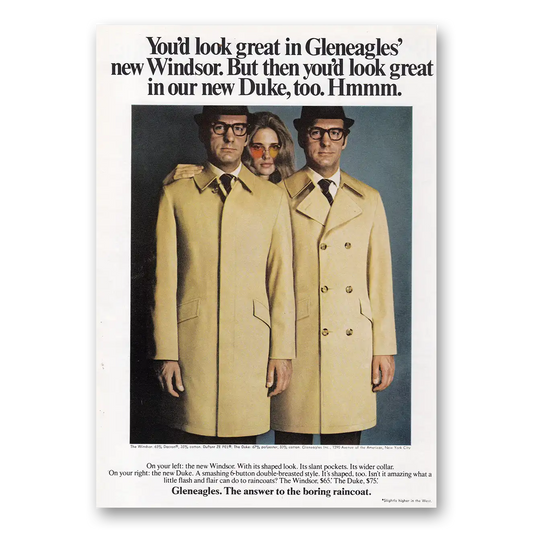 1969 Gleneagle Raincoats Look Great in Gleneagles New Windsor Vintage Magazine Print Ad