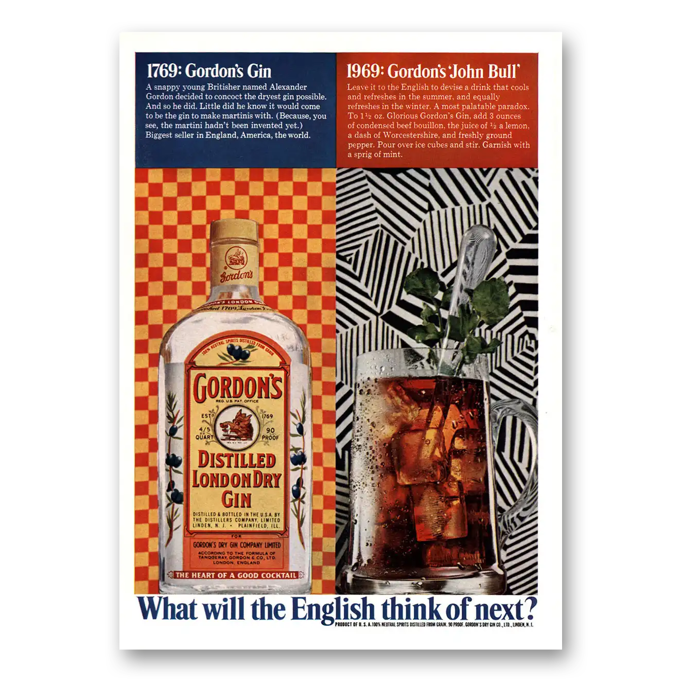 1969 Gordons Gin What Will the English Think of Next Vintage Magazine Print Ad