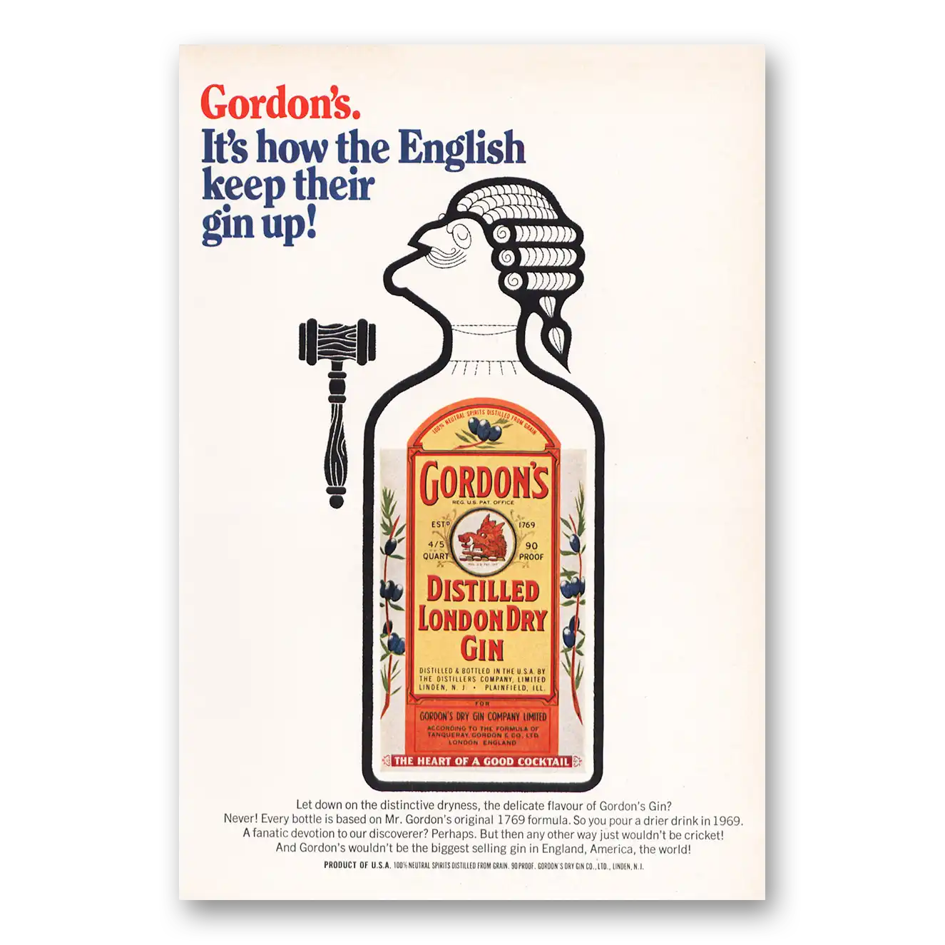 1969 Gordons Gin How the English Keep Their Gin Up Judge Vintage Magazine Print Ad