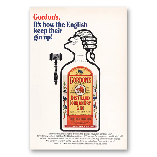 1969 Gordons Gin How the English Keep Their Gin Up Judge Vintage Magazine Print Ad