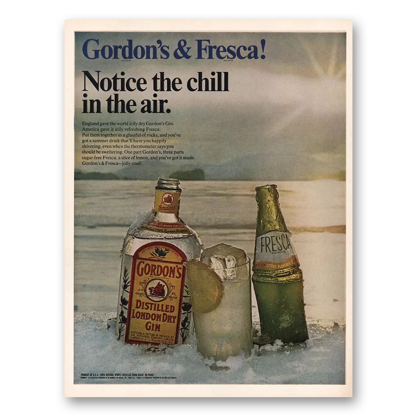 1969 Gordons Gin Fresca Notice the Chill In the Air Vintage Magazine Print Ad