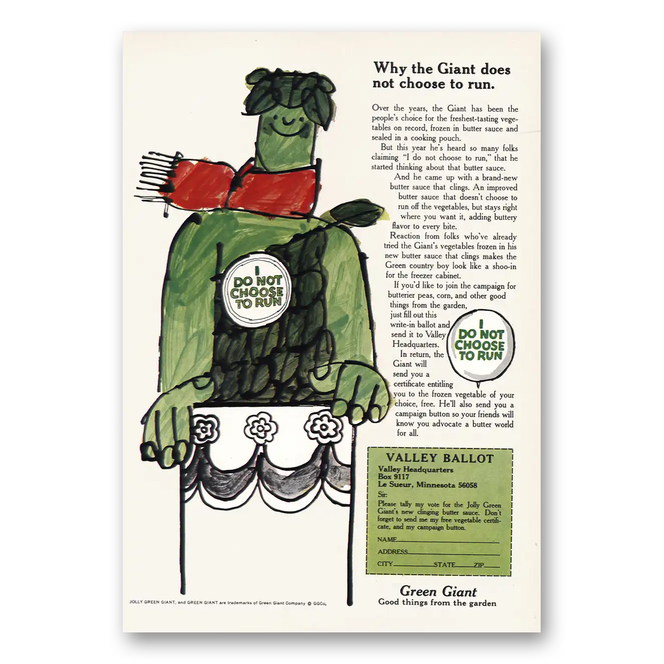 1969 Green Giant I Do Not Choose to Run Vintage Magazine Print Ad