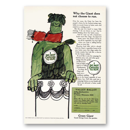 1969 Green Giant I Do Not Choose to Run Vintage Magazine Print Ad