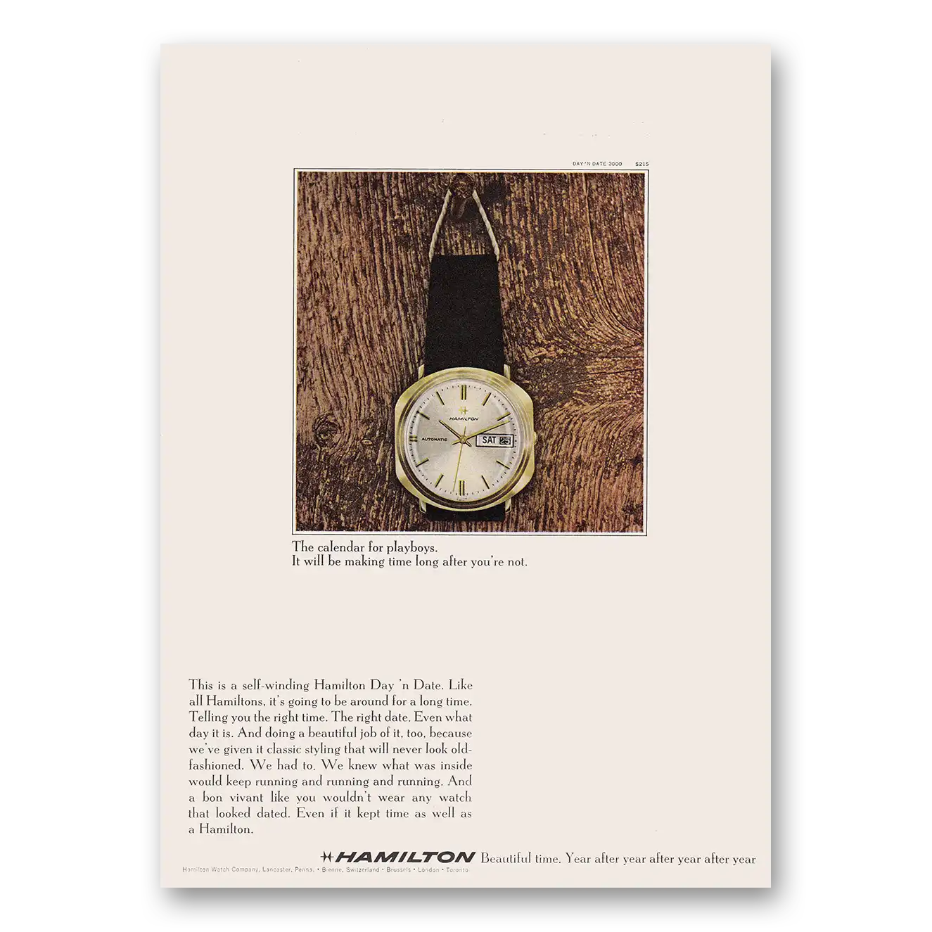 1969 Hamilton Watch Calendar for Playboys Vintage Magazine Print Ad