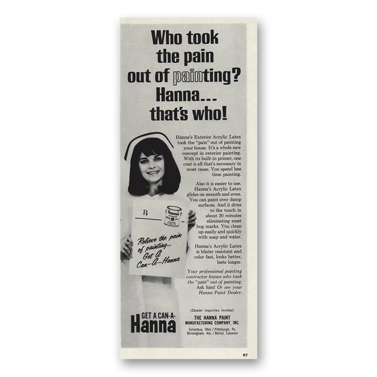 1969 Hana Paint Took the Pain Out of Painting Vintage Magazine Print Ad