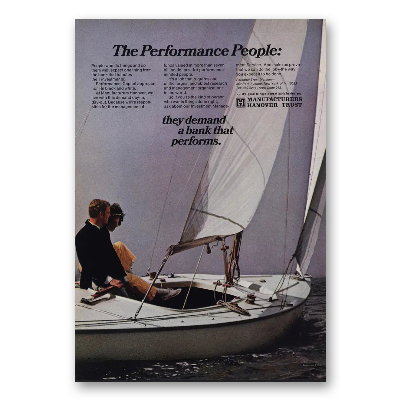 1969 Manufacturers Hanover Performance People Sailboat Vintage Magazine Print Ad