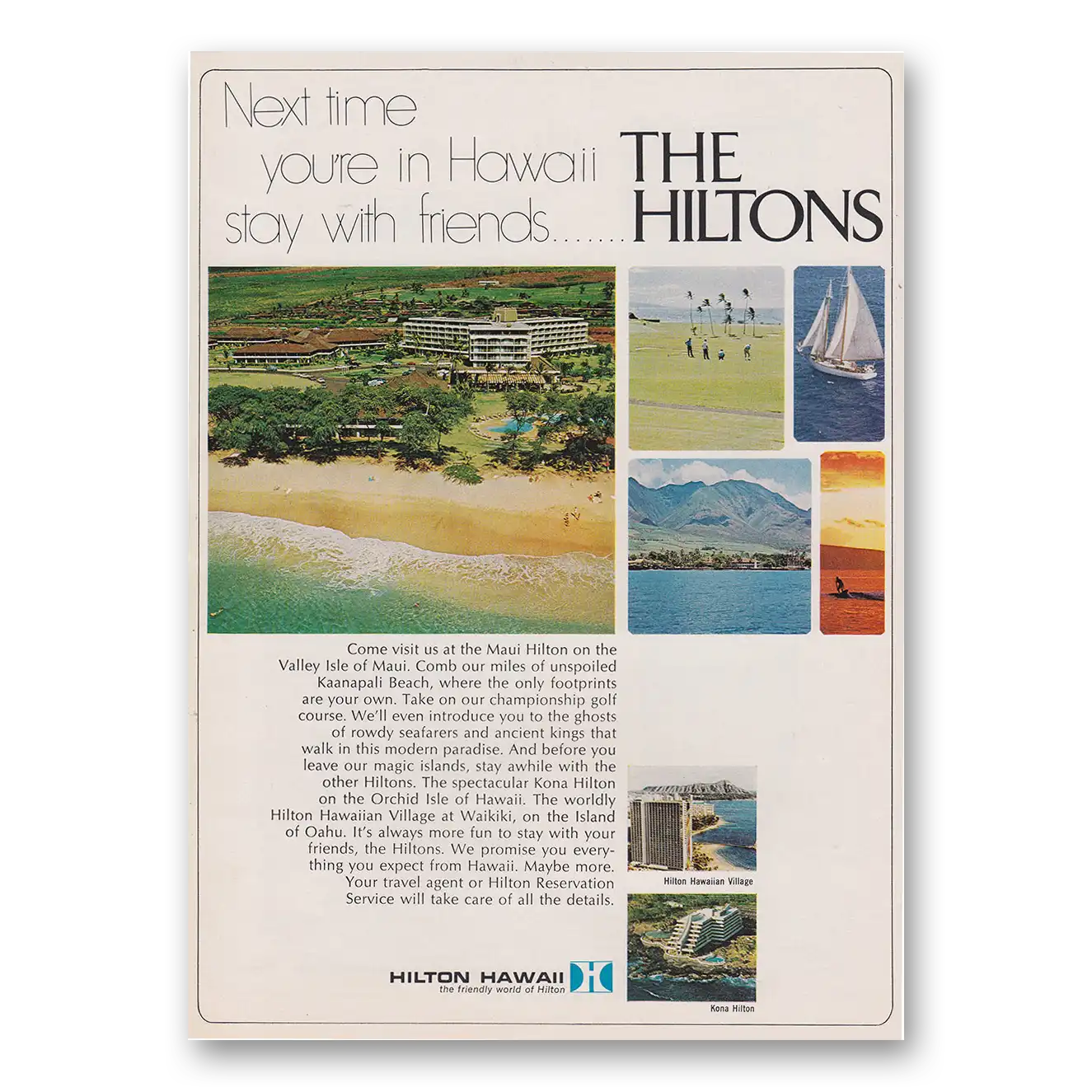 1969 Hilton Hotels Next Time You're In Hawaii Stay With Friends Vintage Magazine Print Ad