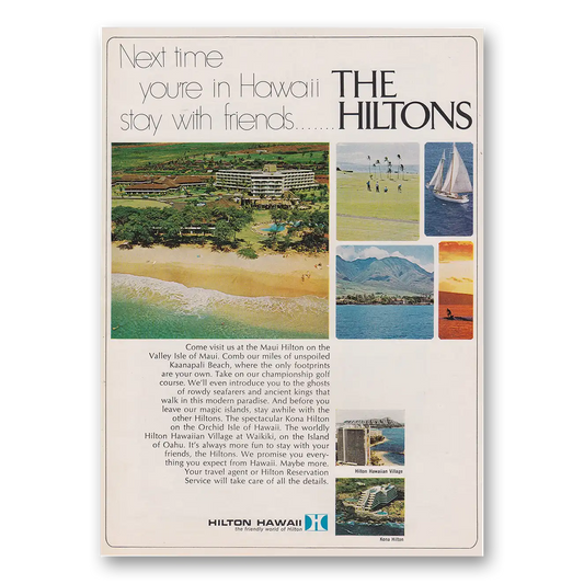 1969 Hilton Hotels Next Time You're In Hawaii Stay With Friends Vintage Magazine Print Ad